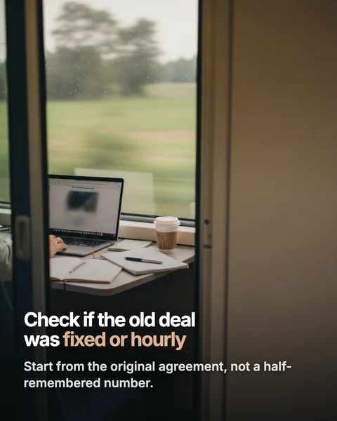 Check if the old deal was fixed or hourly. Start from the original agreement, not a half-remembered number